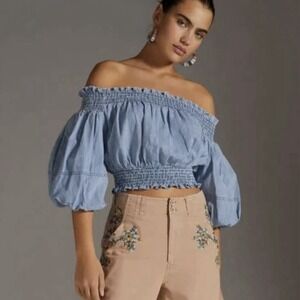NWT PORRIDGE Anthropologie Medium Ruby Crop Top Balloon Sleeve Denim Beachy Boho